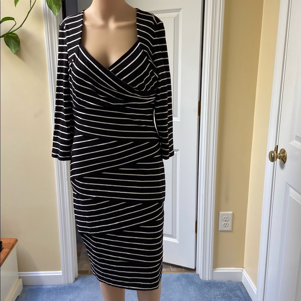 White House Black Market Black and White Striped Wrap Dress